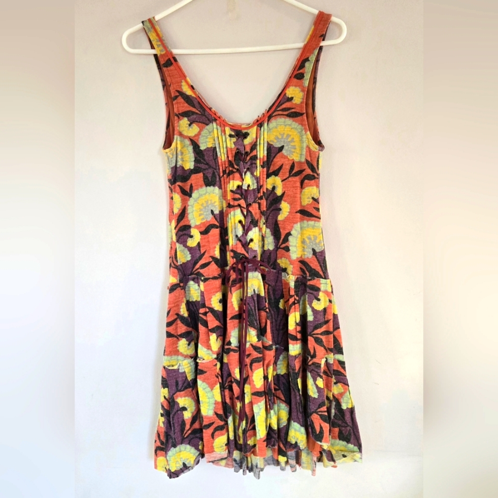 Free People Corset Back Drop Waist Pleated Wool Floral Lined Dress Medium 8/10
